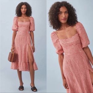 Reformation Belgium Red Gingham May Check Print Puff Sleeve Linen Midi Dress